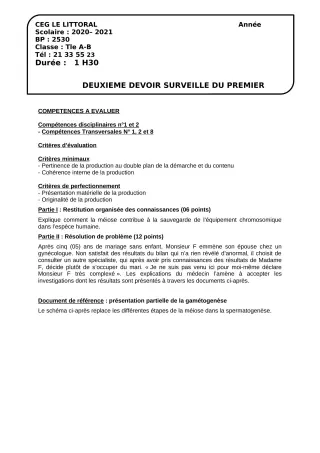 Première page de SVT Tle C, Tle D — 2e devoir surveillé (2020-2021) · CEG Le Littoral