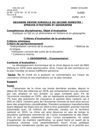 Première page de Histoire-Géographie Tle A2, Tle B — 2e devoir surveillé, 2e semestre (2018-2019) · CEG du Lac