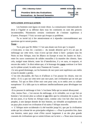 Première page de Français 3e — 1re évaluation sommative, 2e semestre (2021-2022) · CEG2 ABOMEY - CALAVI (CEG ZOCA)