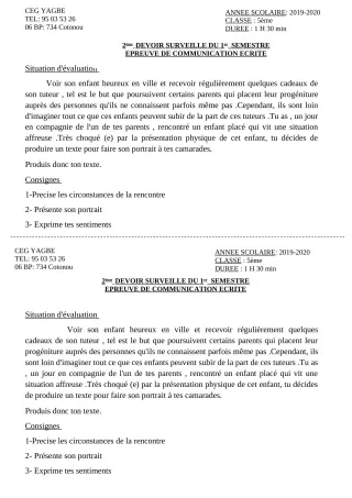 Première page de Français 5e — 2e devoir surveillé, 1er semestre (2019-2020) · CEG Yagbe