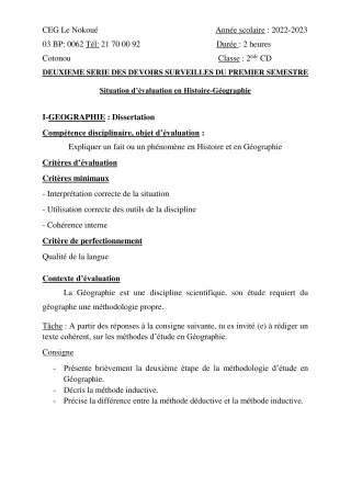 Première page de Histoire-Géographie 2nde C, 2nde D — 2e devoir surveillé, 1er semestre (2022-2023) · CEG LE NOKOUE