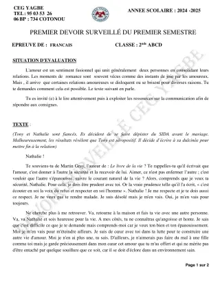 Première page de Français 2nde A2, 2nde B, 2nde C, 2nde D — 1er devoir surveillé, 1er semestre (2024-2025) · CEG Yagbe