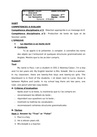 Première page de Anglais 6e — 1er devoir surveillé, 1er semestre (2018-2019) · CEG2 ABOMEY - CALAVI (CEG ZOCA)