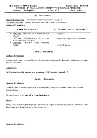 Première page de Philosophie Tle A1, Tle A2, Tle B, Tle C, Tle D — 1re évaluation sommative, 2e semestre (2018-2019) · CEG Hubert C. MAGA