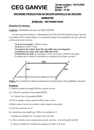 Première page de Mathématiques 5e — Devoir surveillé, 2e semestre (2019-2020) · CEG Ganvié