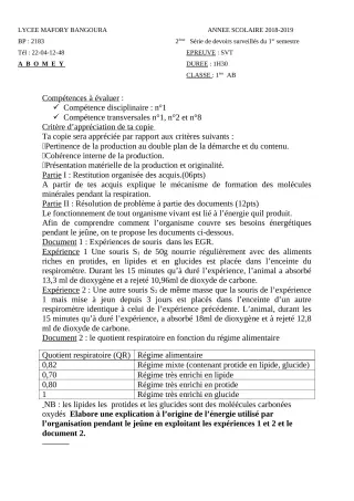 Première page de SVT 1ère A & B — 2e devoir surveillé, 1er semestre (2018-2019) · Lycée Houegbadja d'Abomey (Ex Mafory Bangoura)