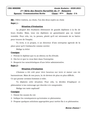 Première page de Français 4e — 1er devoir surveillé (2020-2021) · CEG SEKERE
