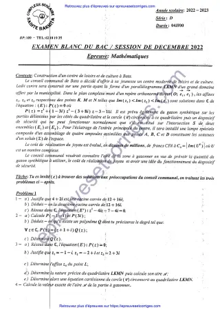 Première page de Bac 2026 – Mathématiques Série D, Bac blanc décembre 2025 (complexes, polynômes, géométrie et espace)