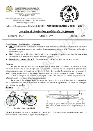 Première page de PCT 6e — 2e production scolaire, 1er semestre (2023-2024) · CEG GOHO
