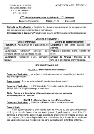 Première page de Philosophie 2nde A & B — 2e production scolaire, 2e semestre (2022-2023) · CEG GOHO