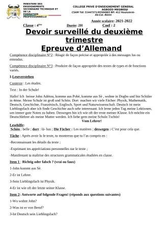 Première page de Allemand 4e, 3e, 2nde A2, 2nde B, 1ère A2, 1ère B, Tle A2, Tle B — 2e devoir surveillé, 2e trimestre (2021-2022) · CPEG AGBOZO MEGBEDJI