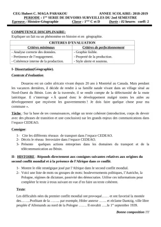 Première page de Histoire-Géographie 1ère A1, 1ère A2, 1ère B, 1ère C, 1ère D — 1er devoir surveillé, 2e semestre (2018-2019) · CEG Hubert C. MAGA