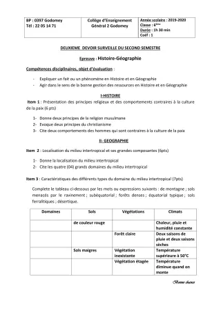 Première page de Histoire-Géographie 6e — 2e devoir surveillé, 2e semestre (2019-2020) · CEG2 Godomey