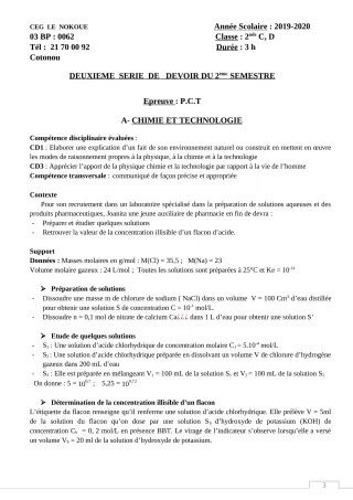 Première page de PCT 2nde C — 2e devoir surveillé, 2e semestre (2019-2020) · CEG LE NOKOUE