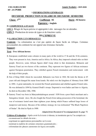 Première page de Anglais 3e — 2e production scolaire, 2e semestre (2019-2020) · CEG Igbo-ocho