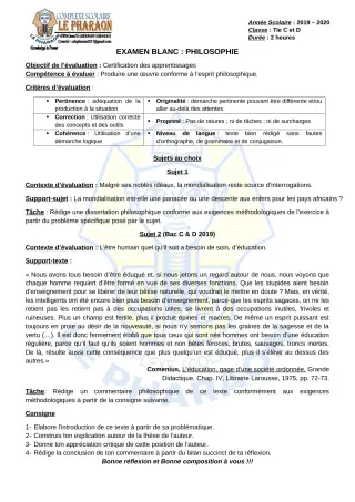 Première page de Philosophie Tle C, Tle D — Composition (2019-2020) · CPEG LE PHARAON