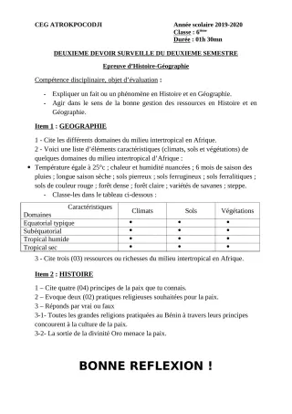 Première page de Histoire-Géographie 6e — 2e devoir surveillé, 2e semestre (2019-2020) · CEG ATROKPOCODJI