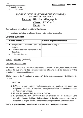 Première page de Histoire-Géographie 2nde C, 2nde D — 1re évaluation sommative, 1er semestre (2019-2020) · CEG1 Abomey-Calavi