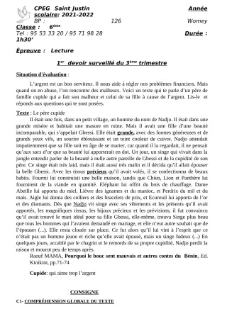 Première page de Français 5e — 1er devoir surveillé, 3e trimestre (2021-2022) · CPEG SAINT Justin