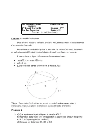 Première page de Mathématiques 4e, 4e ML — Devoir surveillé, 1er semestre (2018-2019) · CEG2 ABOMEY - CALAVI (CEG ZOCA)
