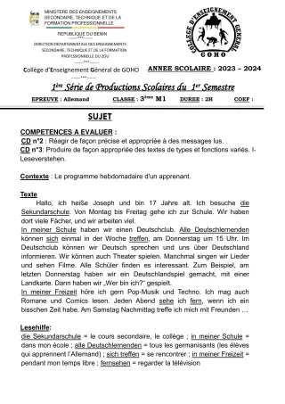 Première page de Allemand 3e — 1re production scolaire, 1er semestre (2023-2024) · CEG GOHO