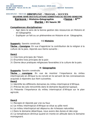 Première page de Histoire-Géographie 6e, 5e, 4e ML&MC, 3e, 3e ML, 2nde A, 2nde B, 2nde C, 2nde D, 1ère A2, 1ère B, 1ère C, 1ère D, Tle A1, Tle A2, Tle B, Tle C, Tle D — 2e évaluation sommative, 2e semestre (2019-2020)