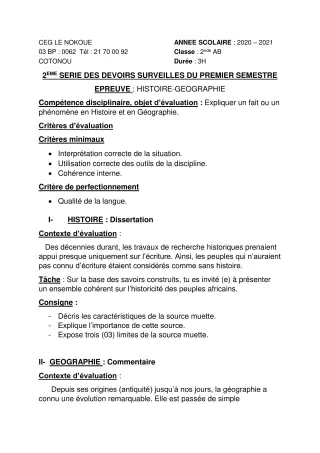 Première page de Histoire-Géographie 2nde A1, 2nde A2, 2nde B — 2e devoir surveillé, 1er semestre (2020-2021) · CEG LE NOKOUE