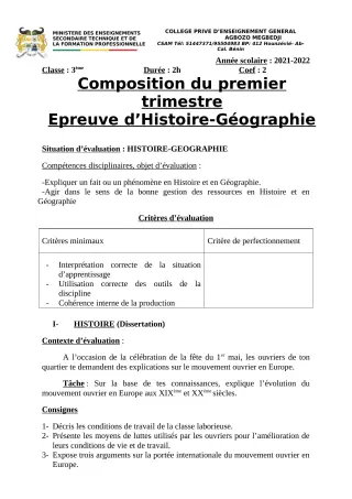 Première page de Histoire-Géographie 6e, 5e, 4e, 3e, 3e ML, 2nde A2, 2nde B, 2nde D, 1ère A2, 1ère B, 1ère D, Tle A2, Tle B, Tle D — Composition, 1er trimestre (2021-2022) · CPEG AGBOZO MEGBEDJI
