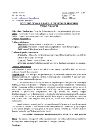 Première page de Philosophie 2nde A & B — 2e devoir surveillé, 1er semestre (2018-2019) · CEG Le Plateau