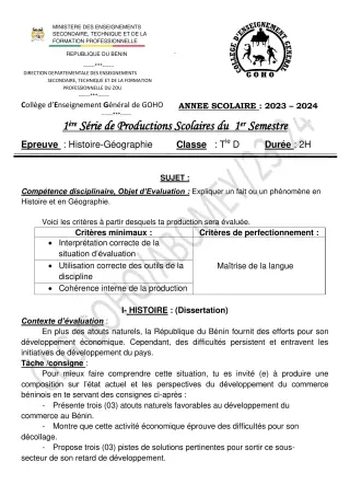 Première page de Histoire-Géographie Tle D — 1re production scolaire, 1er semestre (2023-2024) · CEG GOHO