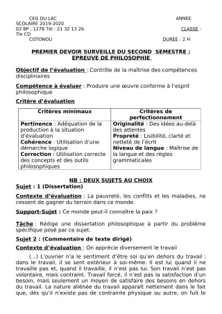 Première page de Philosophie Tle B — 1er devoir surveillé, 2e semestre (2019-2020) · CEG du Lac