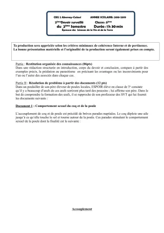 Première page de SVT 5e — Devoir surveillé, 2e semestre (2018-2019) · CEG2 ABOMEY - CALAVI (CEG ZOCA)