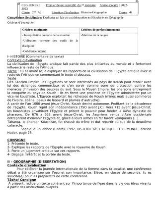 Première page de Histoire-Géographie 2nde A2 — 1er devoir surveillé, 2e semestre (2022-2023) · CEG SEKERE
