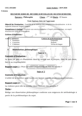 Première page de Philosophie 1ère A1, 1ère A2, 1ère B — 2e devoir surveillé, 2e semestre (2019-2020) · CEG ZOGBO