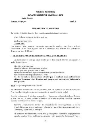 Première page de Espagnol 3e ML — Évaluation sommative (2018-2019) · CEG Hubert C. MAGA