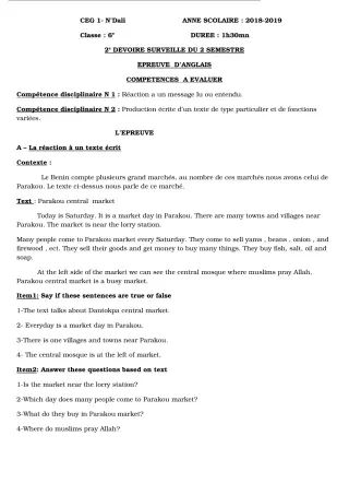 Première page de Anglais Tle A2 — 2e devoir surveillé, 2e semestre (2018-2019) · CEG 1 N'Dali