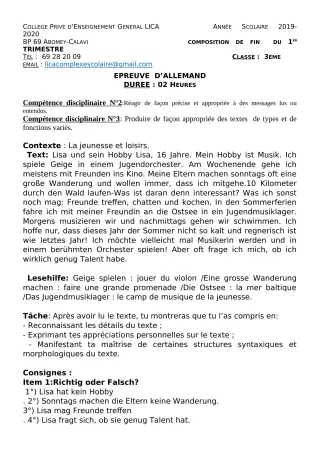 Première page de Allemand 3e ML — Composition, 1er trimestre (2019-2020) · CPEG LICA