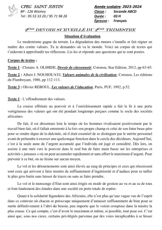 Première page de Français 6e, 2nde A2, 2nde B, 2nde C, 2nde D — 2e devoir surveillé, 2e trimestre (2023-2024) · CPEG SAINT Justin