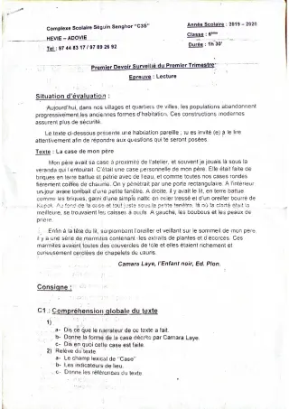Première page de Français 6e — 1er devoir surveillé, 1er trimestre (2019-2020) · CPEG SEGUIN SENGHOR