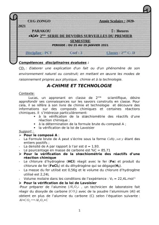 Première page de PCT 2nde D — 2e devoir surveillé, 1er semestre (2020-2021) · CEG ZONGO