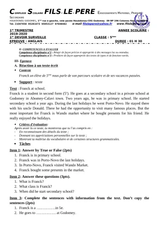 Première page de Anglais 5e — 1er devoir surveillé, 1er trimestre (2019-2020) · CPEG Fils-Le-Père