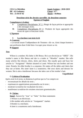 Première page de Anglais 6e — 2e devoir surveillé, 2e semestre (2018-2019) · CEG Le Méridien