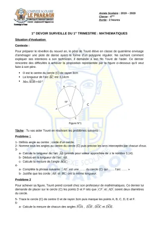 Première page de Mathématiques 4e, 4e ML — 1er devoir surveillé, 1er trimestre (2019-2020) · CPEG LE PHARAON