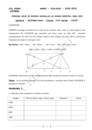 Première page de Mathématiques 6e — 1er devoir surveillé, 2e semestre (2018-2019) · CEG ZOGBO