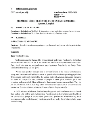 Première page de Anglais 3e — 1er devoir surveillé, 2e semestre (2020-2021) · CEG ATROKPOCODJI