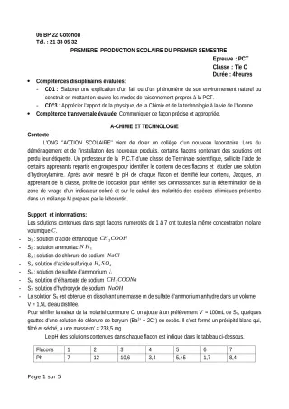 Première page de PCT Tle C — 1re production scolaire, 1er semestre (2019-2020) · CEG SEGBEYA
