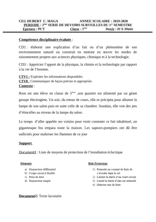 Première page de PCT 5e — 2e devoir surveillé, 1er semestre (2019-2020) · CEG Hubert C. MAGA