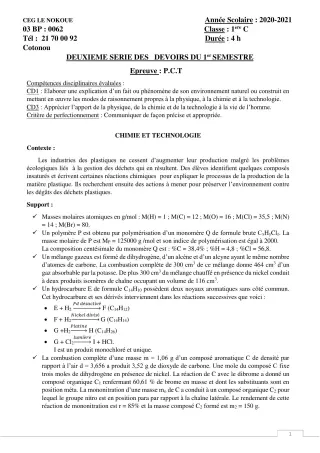 Première page de PCT 1ère C — Composition, 1er semestre (2020-2021) · CEG LE NOKOUE