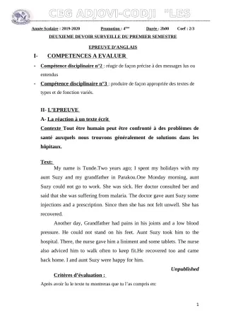 Première page de Anglais 4e — 2e devoir surveillé, 1er semestre (2019-2020) · CEG ADJOVICODJI 'LES OLIVIERS'