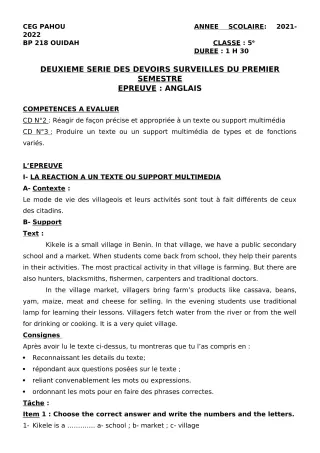 Première page de Anglais 5e — 2e devoir surveillé, 1er semestre (2021-2022) · CEG PAHOU